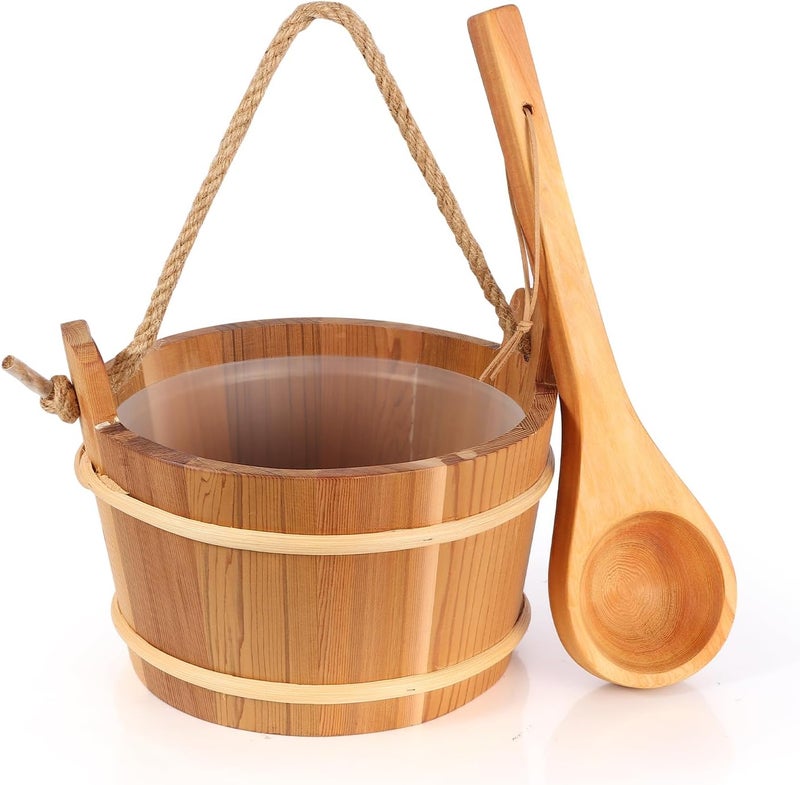 bayisam Wooden Sauna Bucket and Ladle Set, Handmade from Natural Cedar with Rope Handle,4L - Image 1